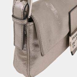 Pre Owned Fendi Metallic Silver Leather Baguette Handbag