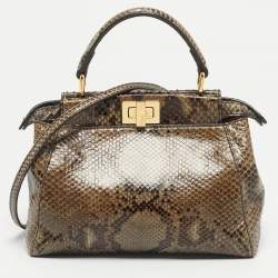 Pre Owned Fendi Olive Green/Black Python Mini Peekaboo Top Handle Bag