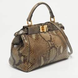 Pre Owned Fendi Olive Green/Black Python Mini Peekaboo Top Handle Bag