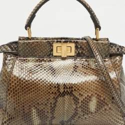 Pre Owned Fendi Olive Green/Black Python Mini Peekaboo Top Handle Bag