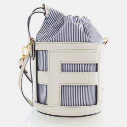 Pre Owned Fendi Step Out Blue/White Leather Bucket Bag