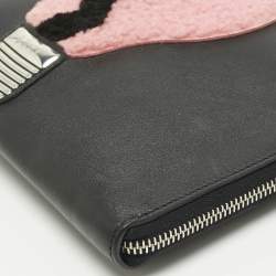 Pre Owned Fendi Black Leather and Shearling Fur FF Fflynn Zip Clutch