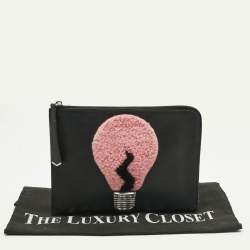 Pre Owned Fendi Black Leather and Shearling Fur FF Fflynn Zip Clutch