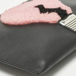 Pre Owned Fendi Black Leather and Shearling Fur FF Fflynn Zip Clutch