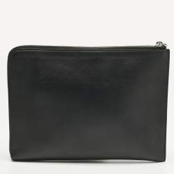 Pre Owned Fendi Black Leather and Shearling Fur FF Fflynn Zip Clutch