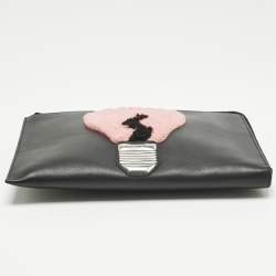 Pre Owned Fendi Black Leather and Shearling Fur FF Fflynn Zip Clutch