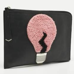 Pre Owned Fendi Black Leather and Shearling Fur FF Fflynn Zip Clutch