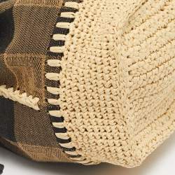 مملوكة مسبقًا حقيبة دلو صغيرة فاندي قماش ثلاثي الألوان ورافيا مون تريزور مع حبل ربط