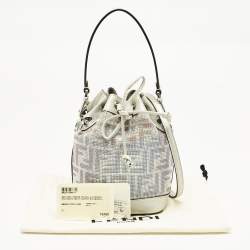 Pre Owned Fendi Grey FF Leather Crystal Mini Mon Tresor Drawstring Bucket Bag