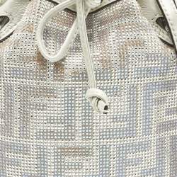 Pre Owned Fendi Grey FF Leather Crystal Mini Mon Tresor Drawstring Bucket Bag