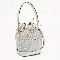 Pre Owned Fendi Grey FF Leather Crystal Mini Mon Tresor Drawstring Bucket Bag
