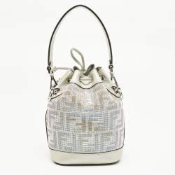 Pre Owned Fendi Grey FF Leather Crystal Mini Mon Tresor Drawstring Bucket Bag