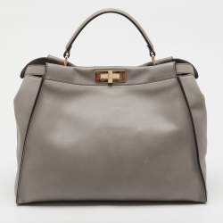 Pre Owned Fendi Grey Leather Large Peekaboo Top Handle Bag