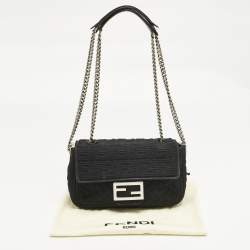 Pre Owned Fendi Black Zucca Embossed Fabric Mini Baguette Chain Crossbody Bag