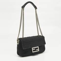 Pre Owned Fendi Black Zucca Embossed Fabric Mini Baguette Chain Crossbody Bag