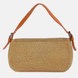 Pre Owned Fendi Beige Raffia Baguette Handbag