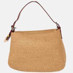 Pre Owned Fendi Mamma Baguette Beige Straw Shoulder Bag