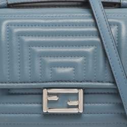 Pre Owned Fendi Light Blue Quilted Leather Micro Double Baguette Bag