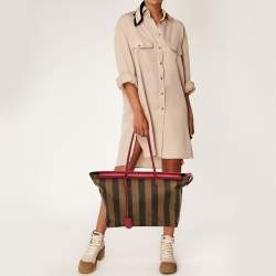 Pre Owned Fendi Tobacco/Magenta Pequin Canvas Medium Roll Shopper Tote