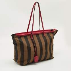 Pre Owned Fendi Tobacco/Magenta Pequin Canvas Medium Roll Shopper Tote