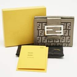 Pre Owned Fendi Metallic Zucca Fabric and Leather French Flap Compact Wallet