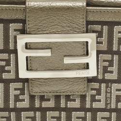 Pre Owned Fendi Metallic Zucca Fabric and Leather French Flap Compact Wallet