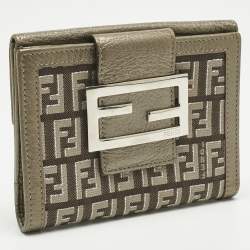 Pre Owned Fendi Metallic Zucca Fabric and Leather French Flap Compact Wallet