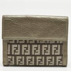 Pre Owned Fendi Metallic Zucca Fabric and Leather French Flap Compact Wallet