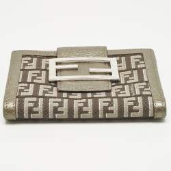 Pre Owned Fendi Metallic Zucca Fabric and Leather French Flap Compact Wallet