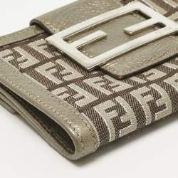 Pre Owned Fendi Metallic Zucca Fabric and Leather French Flap Compact Wallet
