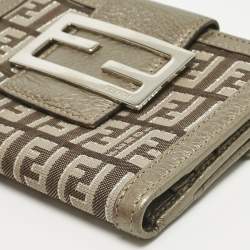 Pre Owned Fendi Metallic Zucca Fabric and Leather French Flap Compact Wallet
