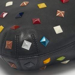 Pre Owned Fendi Black/Multicolor Leather and Fabric Studded B. Fab Drawstring Tote