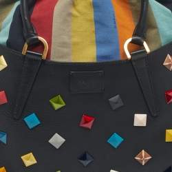 Pre Owned Fendi Black/Multicolor Leather and Fabric Studded B. Fab Drawstring Tote