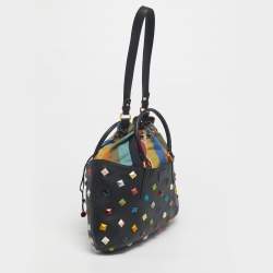 Pre Owned Fendi Black/Multicolor Leather and Fabric Studded B. Fab Drawstring Tote