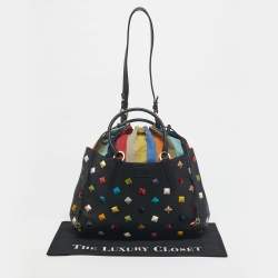 Pre Owned Fendi Black/Multicolor Leather and Fabric Studded B. Fab Drawstring Tote