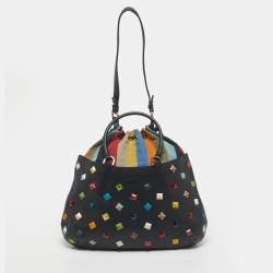 Pre Owned Fendi Black/Multicolor Leather and Fabric Studded B. Fab Drawstring Tote