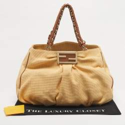 Pre Owned Fendi Brown/Natural Interwoven Raffia Large Mia Shoulder Bag