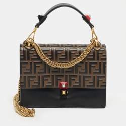 Pre Owned Fendi Black/Brown Zucca Embossed Leather Medium Kan I Shoulder Bag