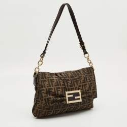 Pre Owned Fendi Tobacco Zucca Canvas and Patent Leather Mia Flap Shoulder Bag