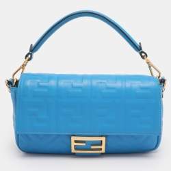 Pre Owned Fendi Blue Zucca Embossed Leather Medium Baguette Bag