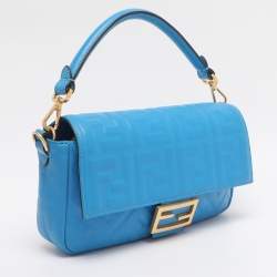 Pre Owned Fendi Blue Zucca Embossed Leather Medium Baguette Bag
