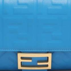 Pre Owned Fendi Blue Zucca Embossed Leather Medium Baguette Bag