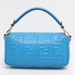 Pre Owned Fendi Blue Zucca Embossed Leather Medium Baguette Bag