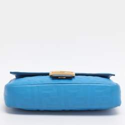 Pre Owned Fendi Blue Zucca Embossed Leather Medium Baguette Bag