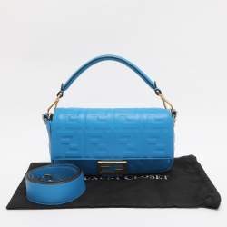 Pre Owned Fendi Blue Zucca Embossed Leather Medium Baguette Bag