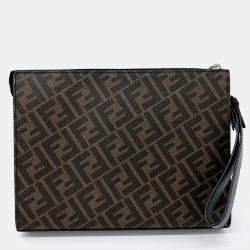 Pre Owned Fendi Black Brown Coated Canvas and Leather Clutch
