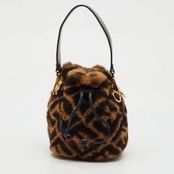 Pre Owned Fendi Brown Shearling Fur and Leather Mini Mon Tresor Drawstring Bucket Bag
