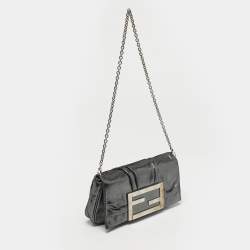 Pre Owned Fendi Metallic Grey Shimmer Leather Mia Pochette Bag