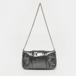 Pre Owned Fendi Metallic Grey Shimmer Leather Mia Pochette Bag
