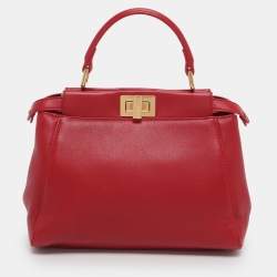 Pre Owned Fendi Red Leather Mini Peekaboo Top Handle Bag